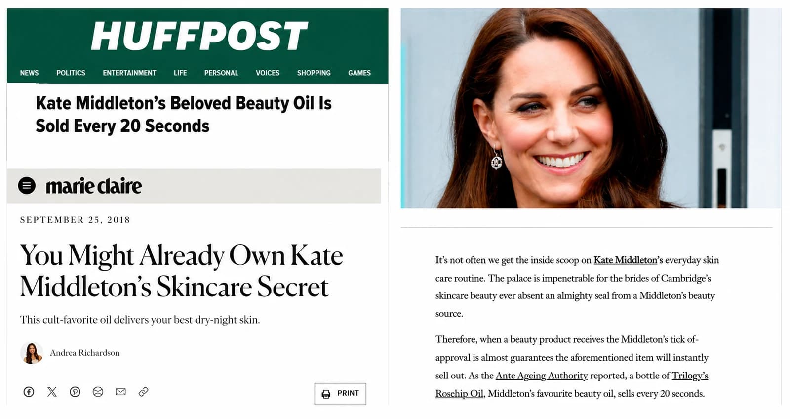 HuffPost feature - Kate Middleton's beloved beauty oil is sold every 20 seconds