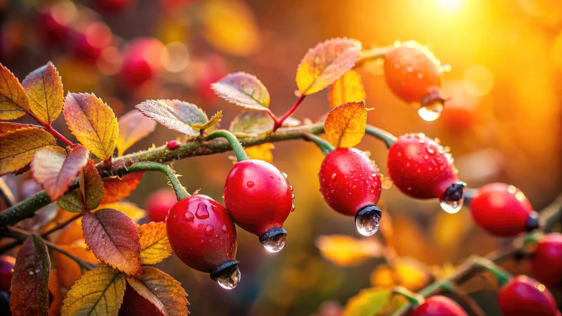 Dew-covered rosehips at golden hour - the source of Trilogy's signature rosehip oil