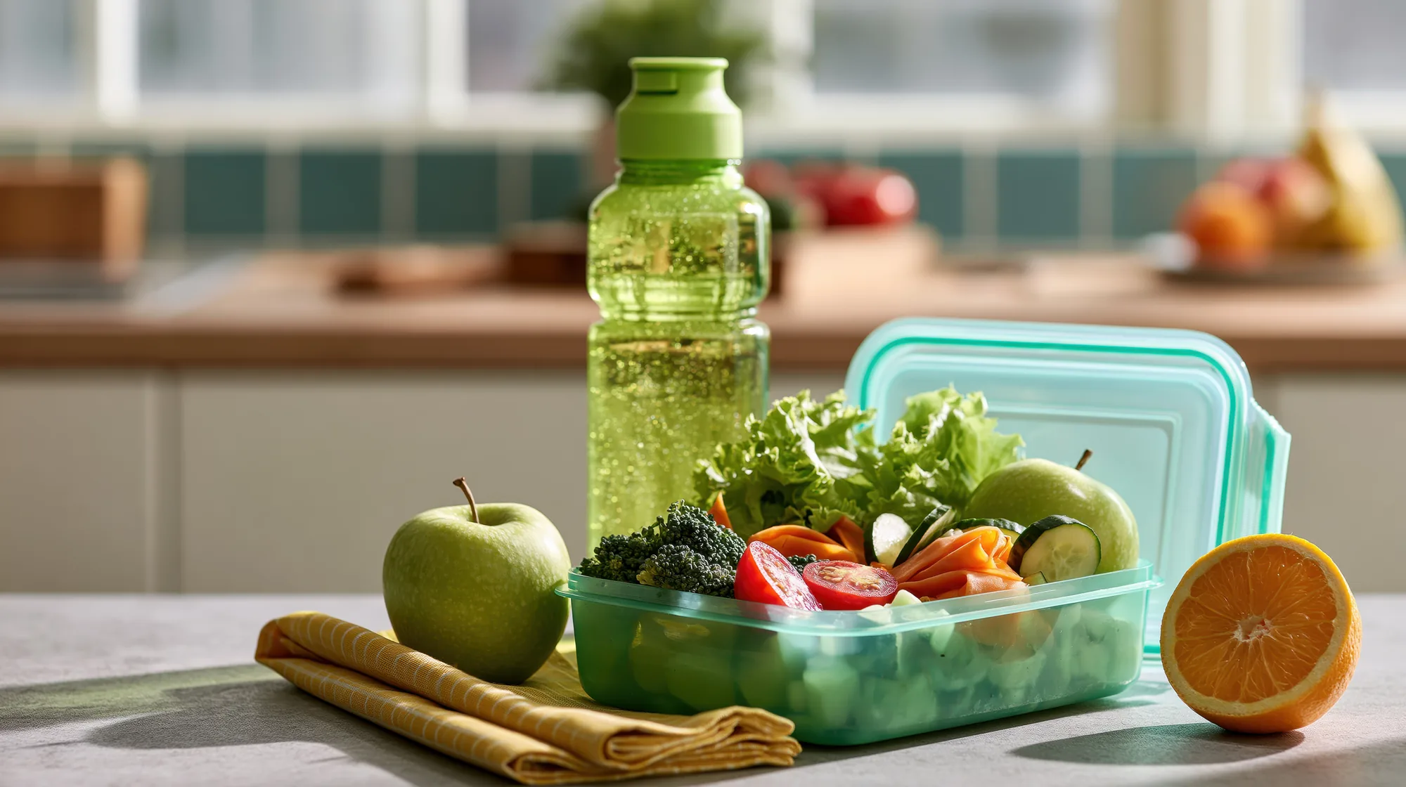 A packed lunch of fresh vegetables and fruit beside a water bottle on a kitchen counter