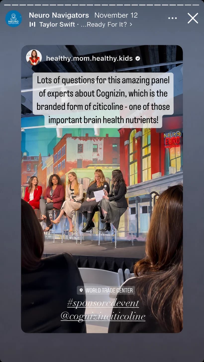 Attendee Instagram story from the Neuro Navigators expert panel on Cognizin