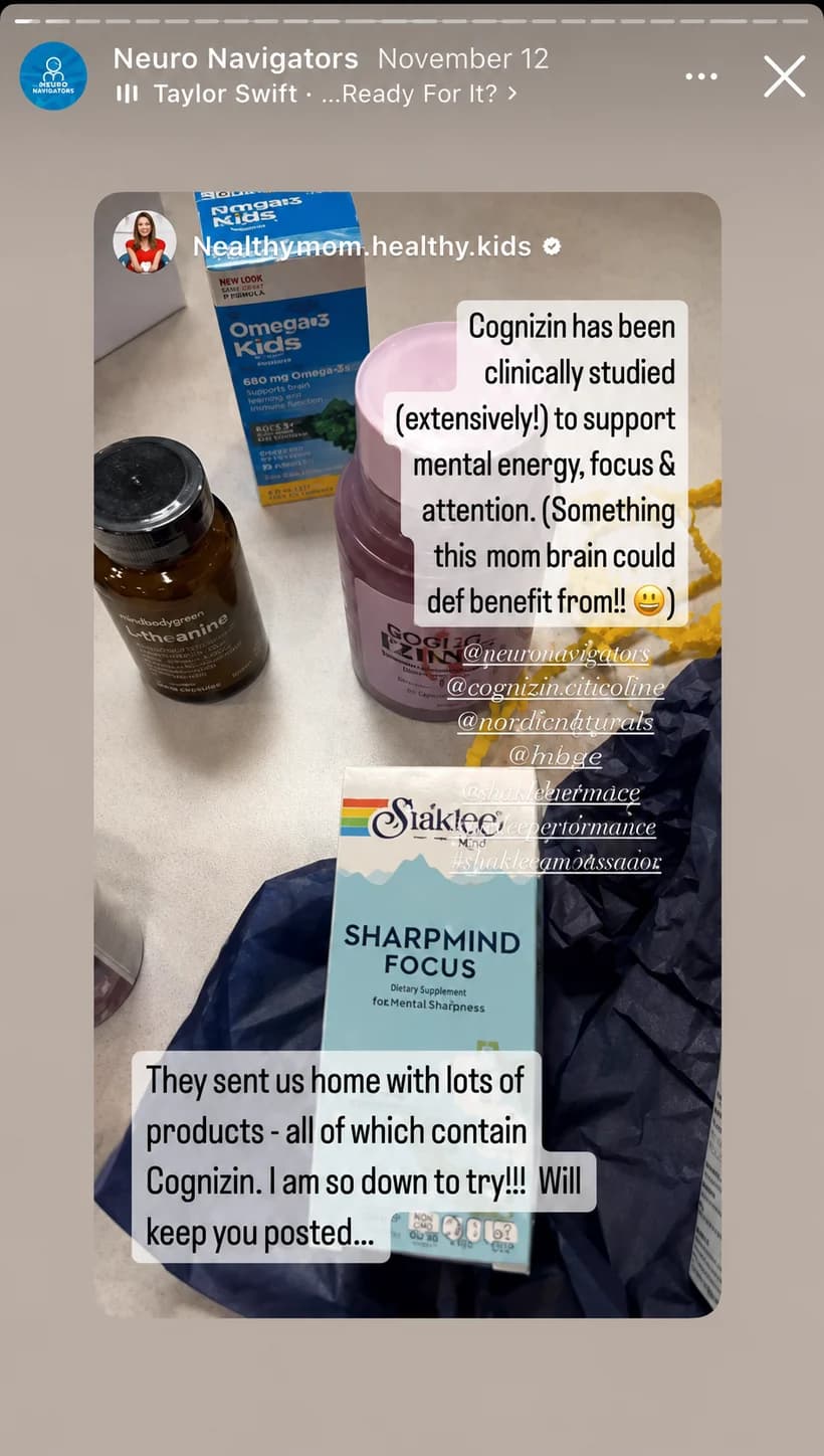 Attendee Instagram story featuring Cognizin product gifts from the event